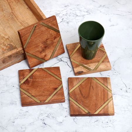 Home Decor Brown Wooden Coasters - Pack of 4